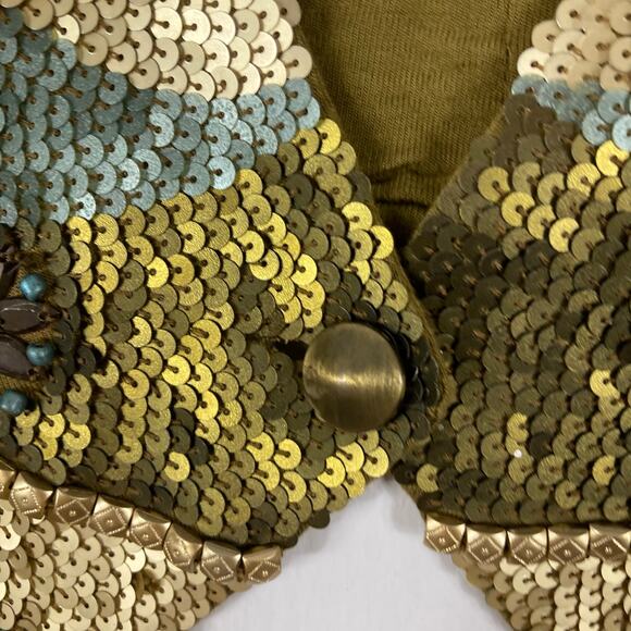 GODDESS OF BABYLON Vest Top S/M Sequins Beaded Gold Button Lined Rayon - Picture 5 of 12